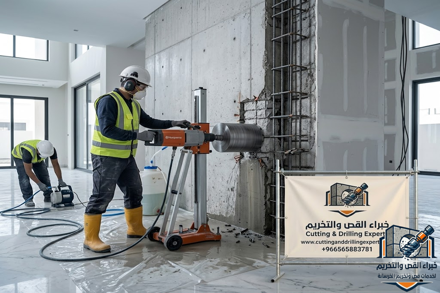 تخريم خرسانة في حي الزهراء جدة باستخدام أجهزة الكور دايموند لفتح فتحات المكيفات والسباكة والكهرباء والتهوية بدقة عالية وبدون تكسير
